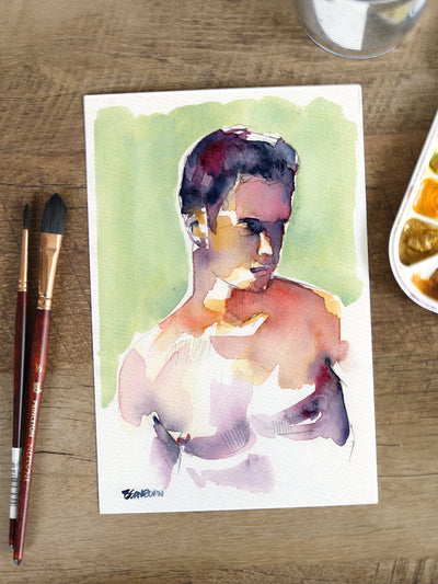 Shirtless young male figure original watercolor painting 6x9 downcast gaze by Brenden Sanborn
