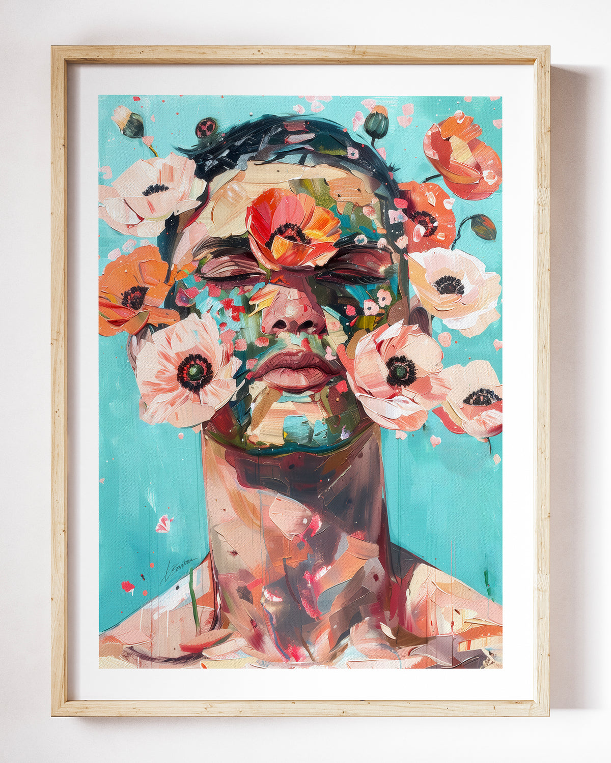 Wild Mask art print by Brenden Sanborn, a man whose face is covered in poppies and anemones on a teal background, shown in a light wood frame