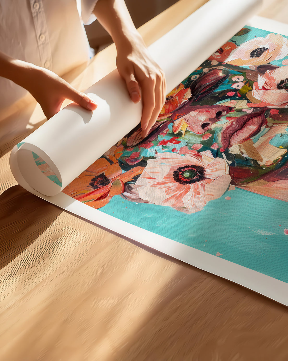 Hands unrolling the Wild Mask fine art paper print, showing the white border