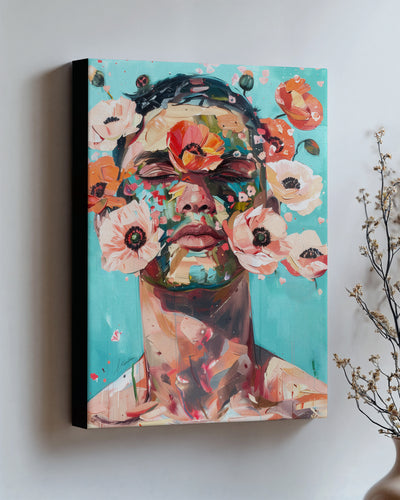 Wild Mask on stretched canvas with black edges, hung on a wall and seen at an angle
