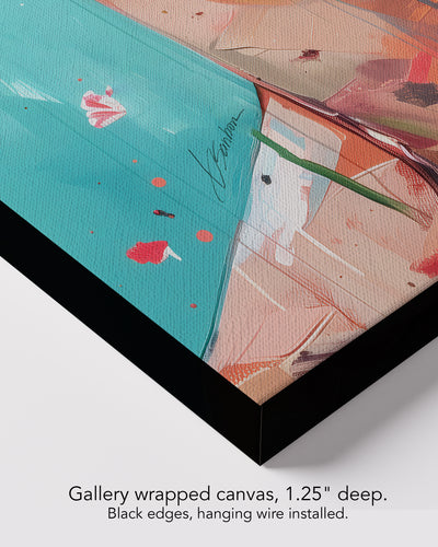 Corner of Wild Mask on gallery wrapped canvas, 1.25 inches deep, with black edges and hanging wire installed