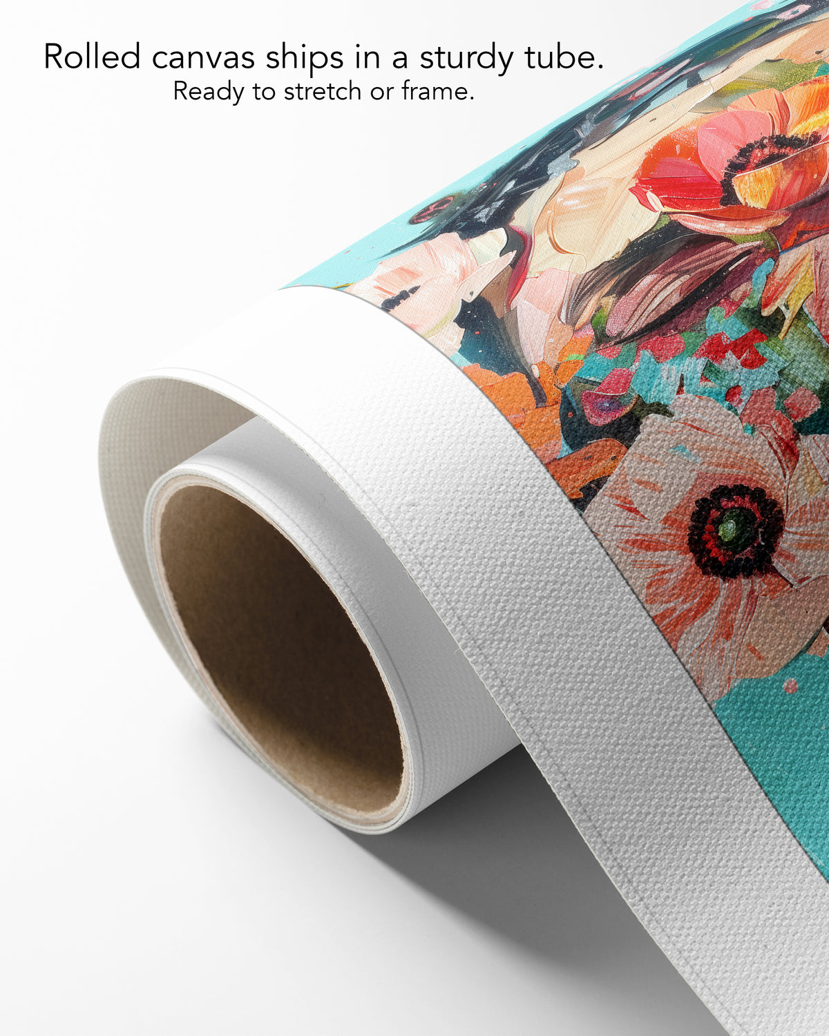 Wild Mask on rolled canvas with a white border, curling off its cardboard core