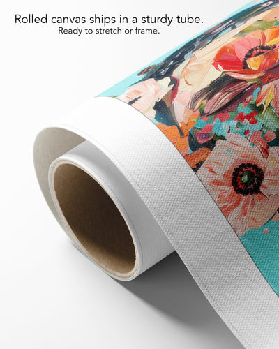 Wild Mask on rolled canvas with a white border, curling off its cardboard core