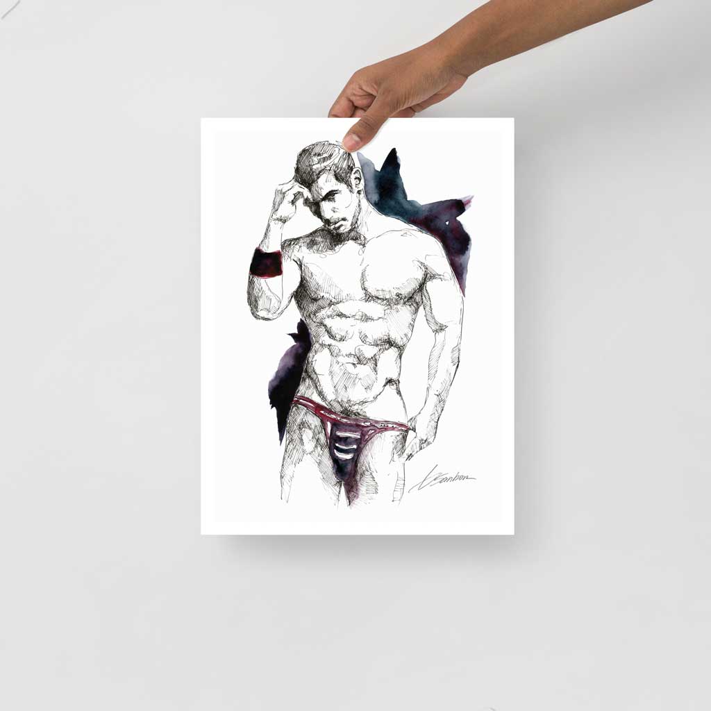 Rugged Handsome Man with Purple/Red Jockstrap - Male Nude Art Watercolor - Giclee Art Print