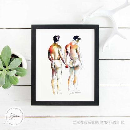 Male to Male Love Holding Hands- Ink and Watercolor - Giclee Art Print