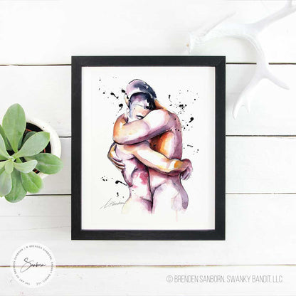 You Are Enough - Two Men in Tight Embrace - Ink and Watercolor - Giclee Art Print