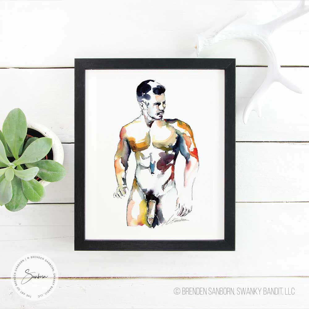 Muscular Man Standing Nude in the Kitchen - Ink and Watercolor - Giclee Art Print