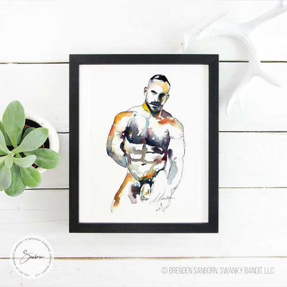 Hairy Chested Muscular Man in the Nude - Ink and Watercolor - Giclee Art Print