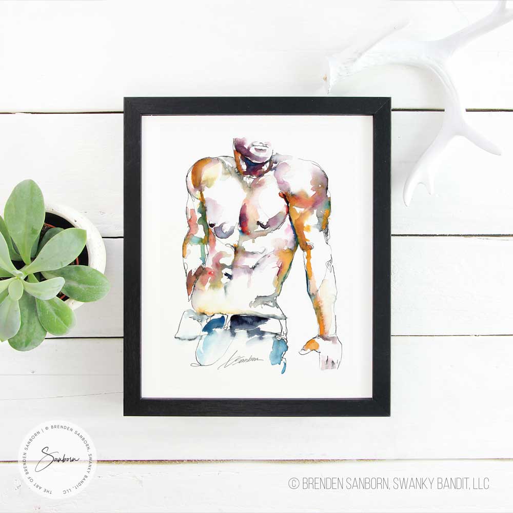 Male Torso Leaning Back - Ink and Watercolor - Giclee Art Print