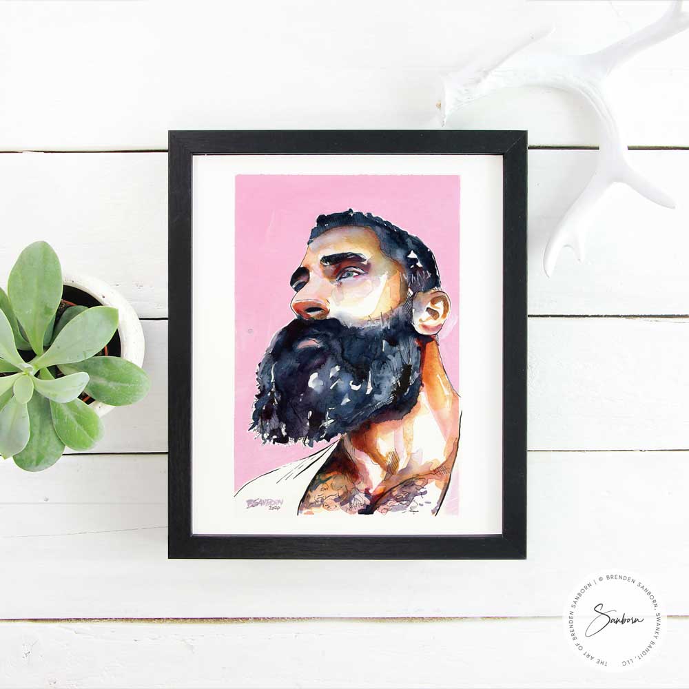 Bearded Man Erotica Original Watercolor Gay Art by Brenden Sanborn