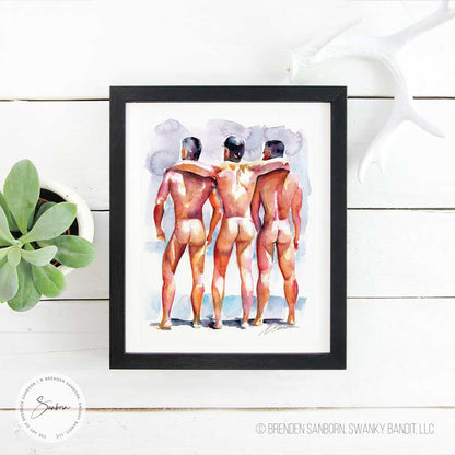Three Muscular Men on the Beach at Sunset - Giclee Art Print