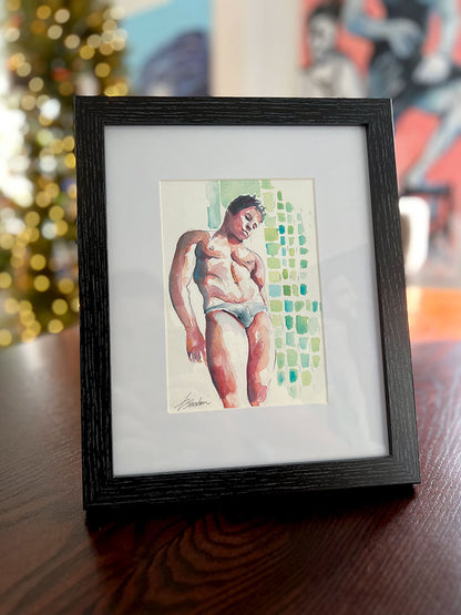 Male Swimmer Leaning in a Speedo - Original Watercolor Painting