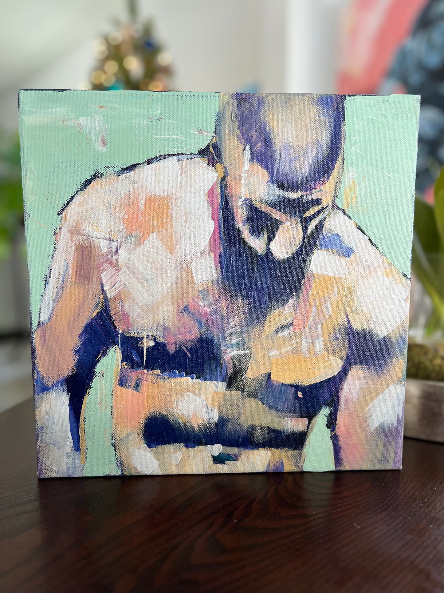 Strong Wet Bearded Hunk with Hairy Chest, 12" x 12" - Original Acrylic Painting