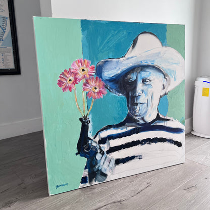 Flowers from Gun: A Bold Depiction of Pablo Picasso, 36x36" Original Acrylic Painting