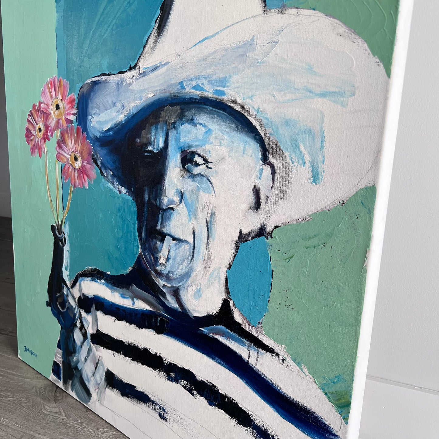 Flowers from Gun: A Bold Depiction of Pablo Picasso, 36x36" Original Acrylic Painting