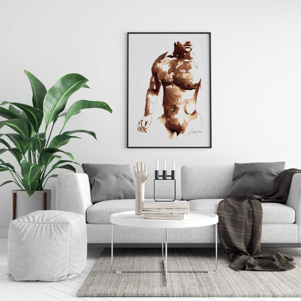 Male Torso Back Arched - Made with Coffee - Art Print