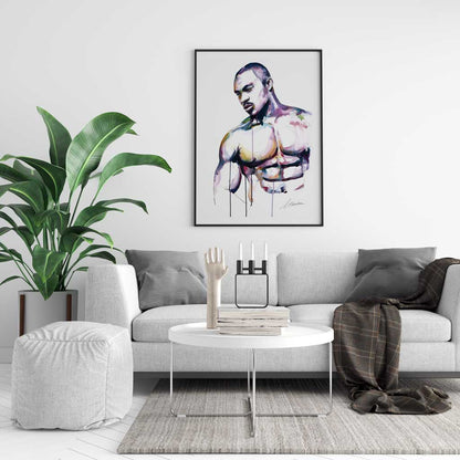 Sexy Muscular Black Man with Intense Look - Original Watercolor Painting