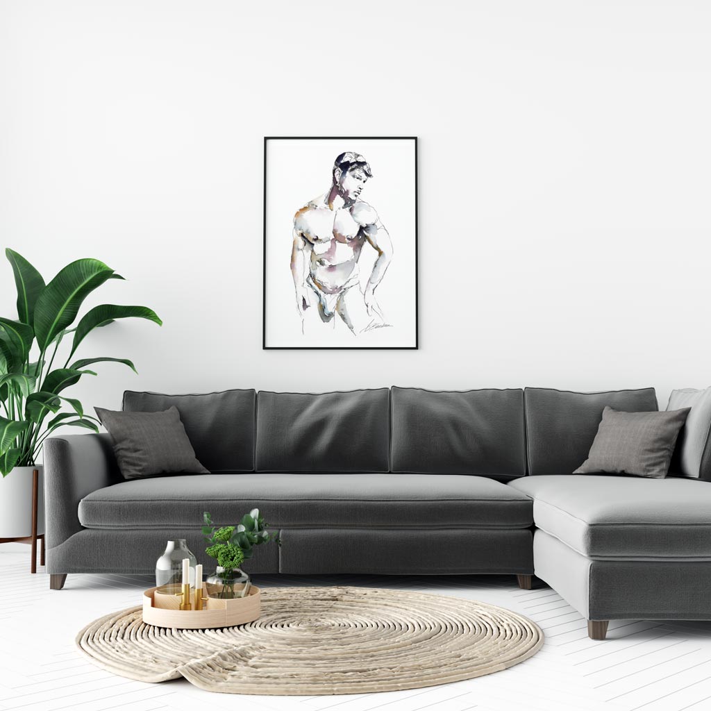 Full Package Man in His Underwear - Ink and Watercolor - Giclee Art Print