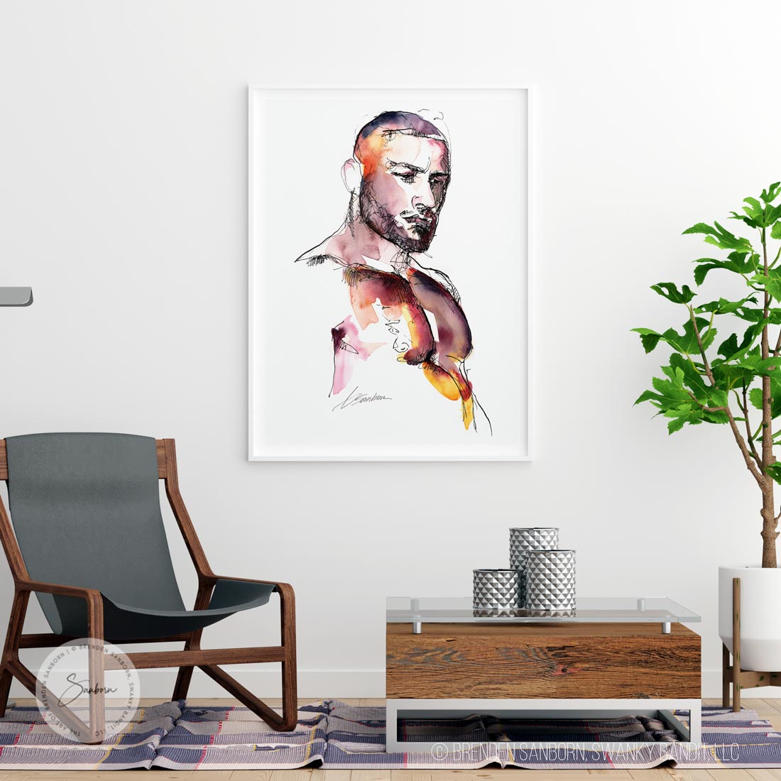 Captivating Male Nude Art Print of a Strong Chested, Bearded Man - Giclee Art Print