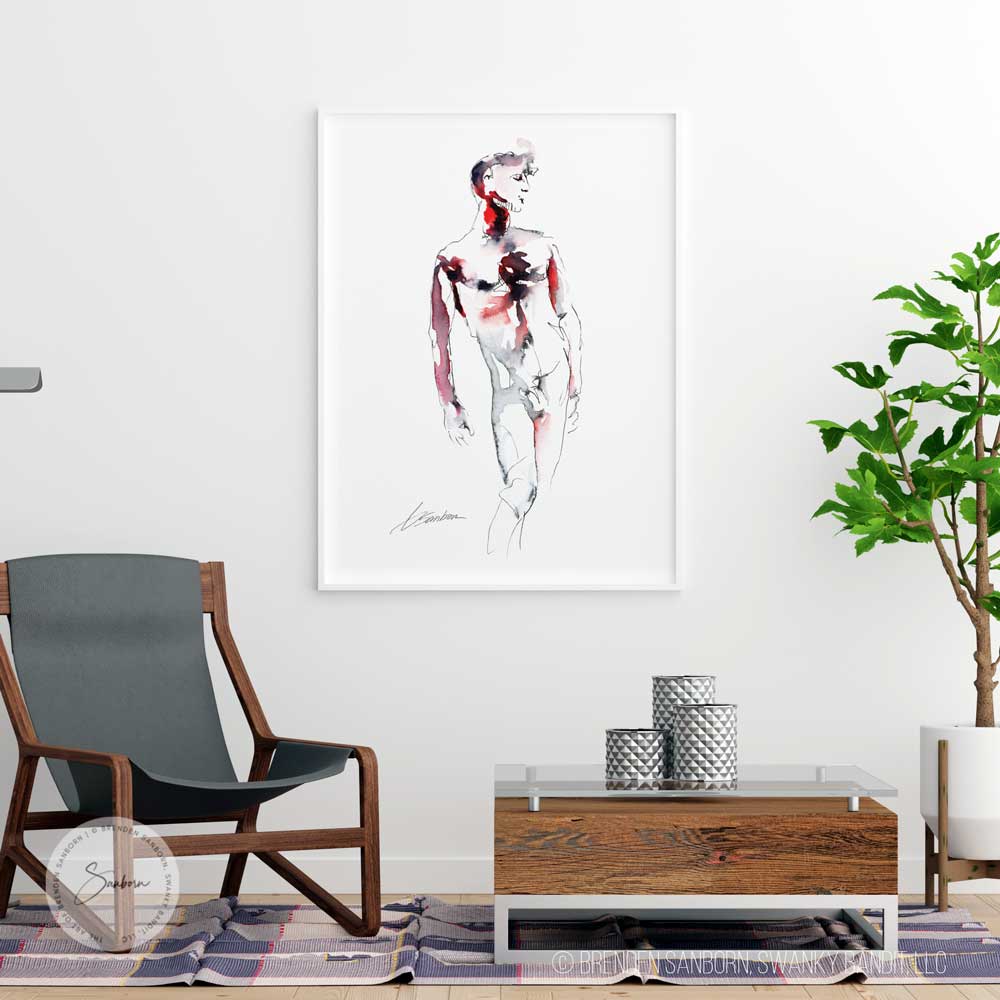 Simple Male Nude Painting - Ink and Watercolor - Giclee Art Print
