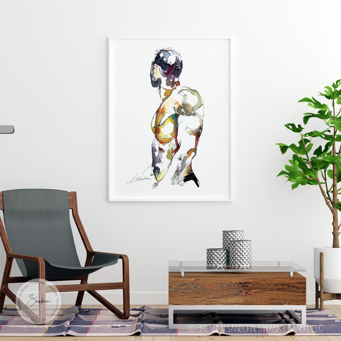 Twisting Male Torso Looking Away - Ink and Watercolor - Giclee Art Print