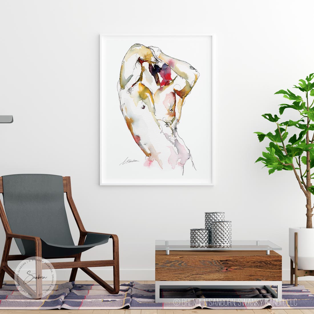 Male Torso With Arm Behind Head - Ink and Watercolor - Giclee Art Print