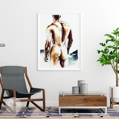 Confident Shyness: Male Nude with Firm Buttocks and Muscular Back - Giclee Art Print