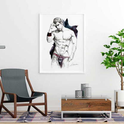 Rugged Handsome Man with Purple/Red Jockstrap - Male Nude Art Watercolor - Giclee Art Print