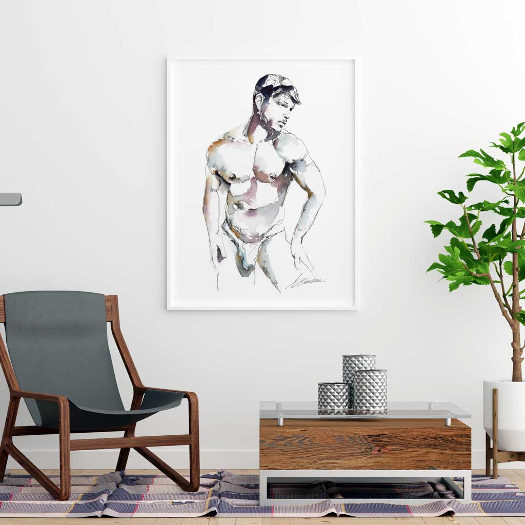 Full Package Man in His Underwear - Ink and Watercolor - Giclee Art Print
