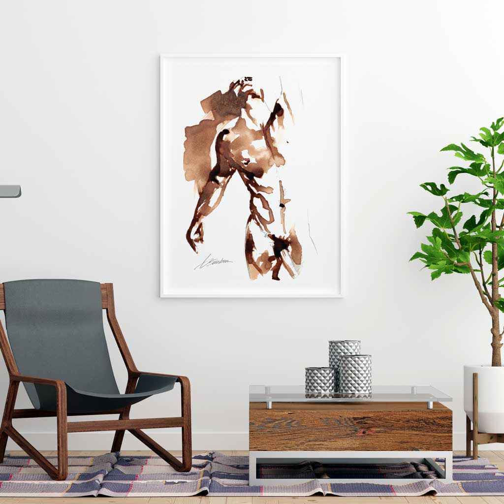 Male Nude Reaching Upwards - Made with Coffee - Giclee Art Print