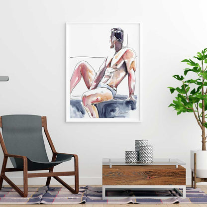 Man in Underwear Sitting in Window - Ink and Watercolor - Giclee Art Print