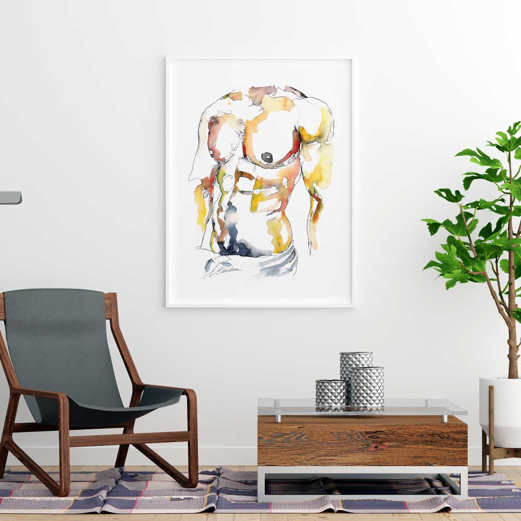 Muscular Male Chest Lowering His Pants - Ink and Watercolor - Giclee Art Print