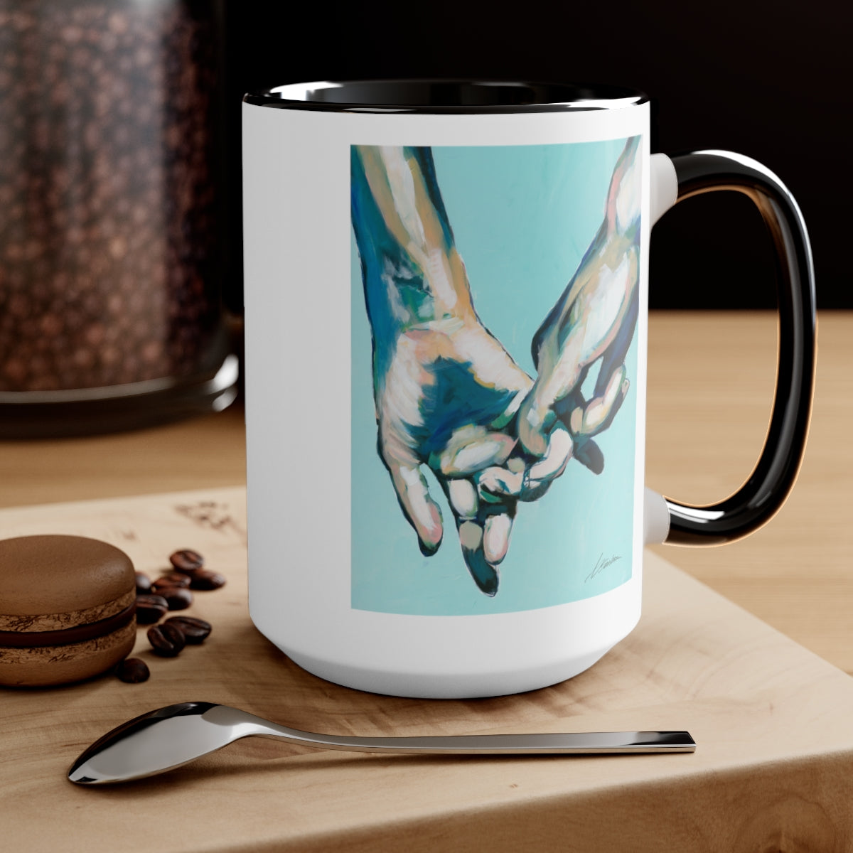 Simple Gesture of Love in Green - Men Holding Hands  - Two-Tone Coffee Mugs, 15oz