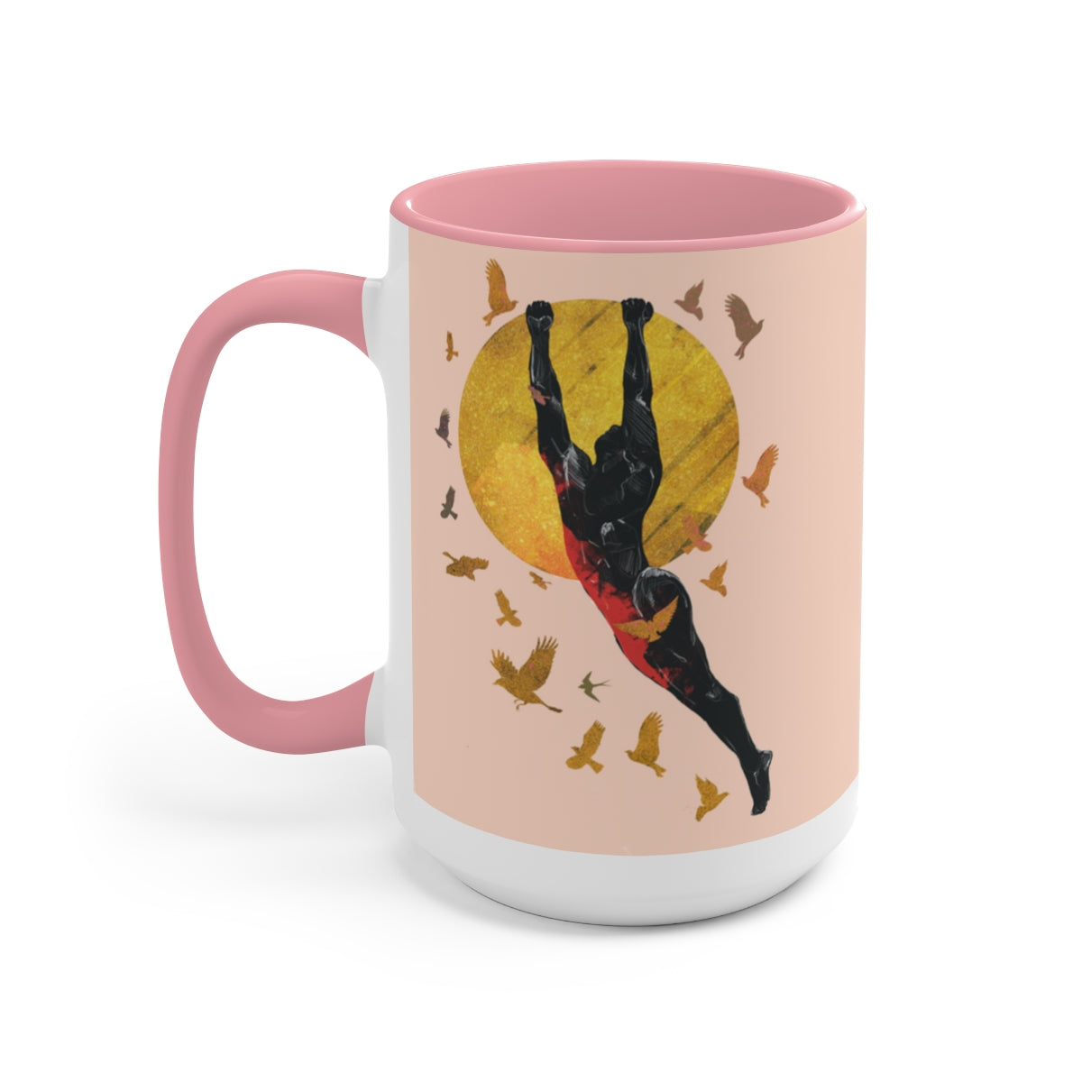 Birds Around the Sun - Light Pink  - Two-Tone Coffee Mugs, 15oz