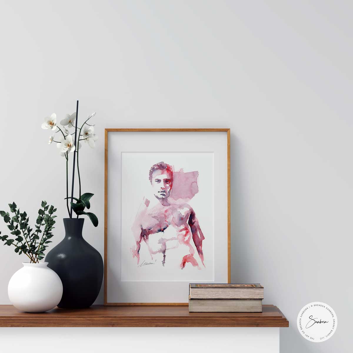 Shirtless Male Model with Dapper Eyes - Original Watercolor Painting