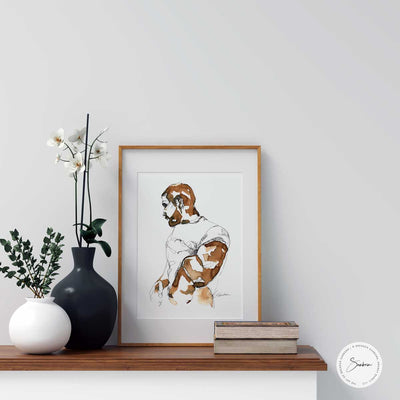 Man lifting his White T-shirt - Original Coffee Art Artist Brenden Sanborn