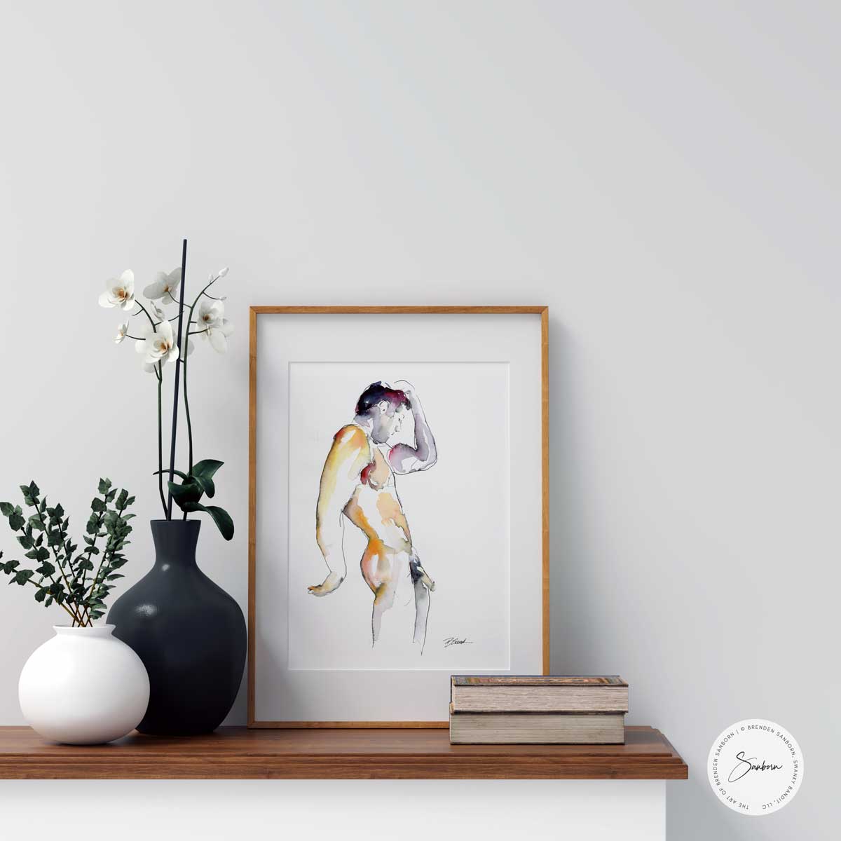 Full Nude Male Leaning Against the Wall - Original Watercolor Painting