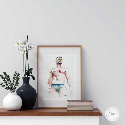 Slim Male Figure Looking to the Right in His Speedo - Original Watercolor Painting