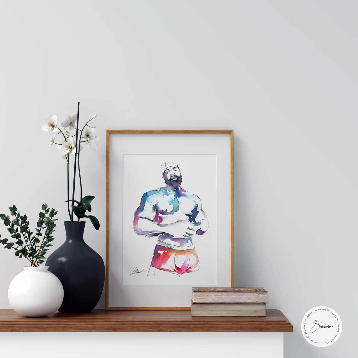 Handsome Bearded man in his Underwear - Original Watercolor Painting