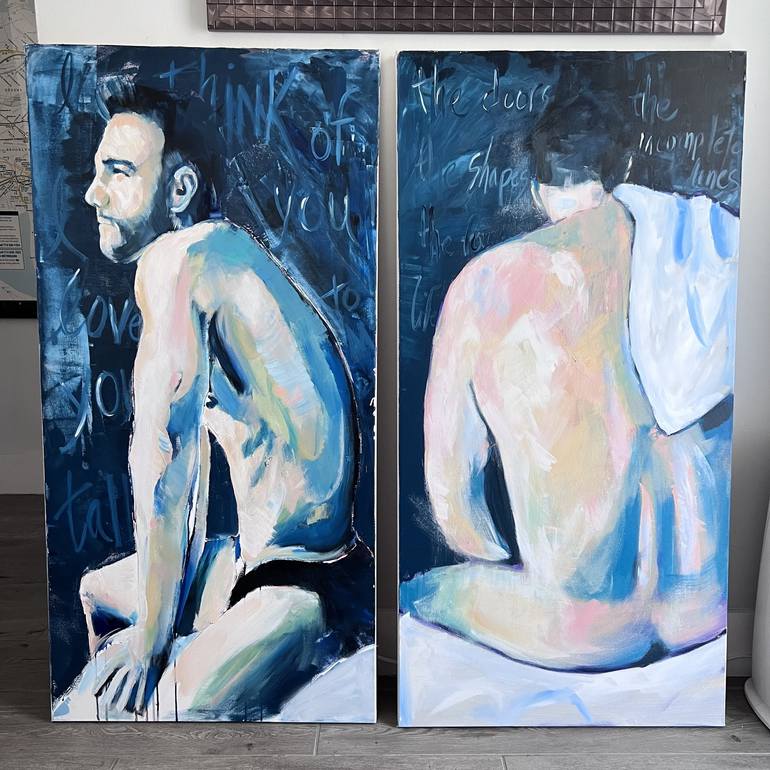 They Sat With Their Thoughts 24x48" - Male Nude Art - Original Acrylic Painting