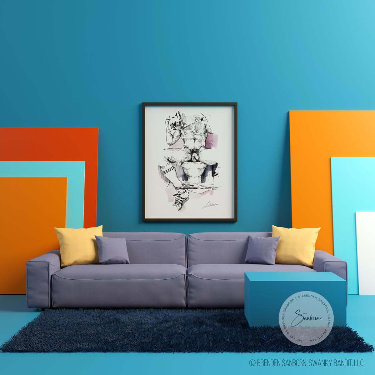 Tranquil Male Nude Painting: Watercolor and Ink Depiction of a Man Reading in the Bathroom - Full Nude - Giclee Art Print