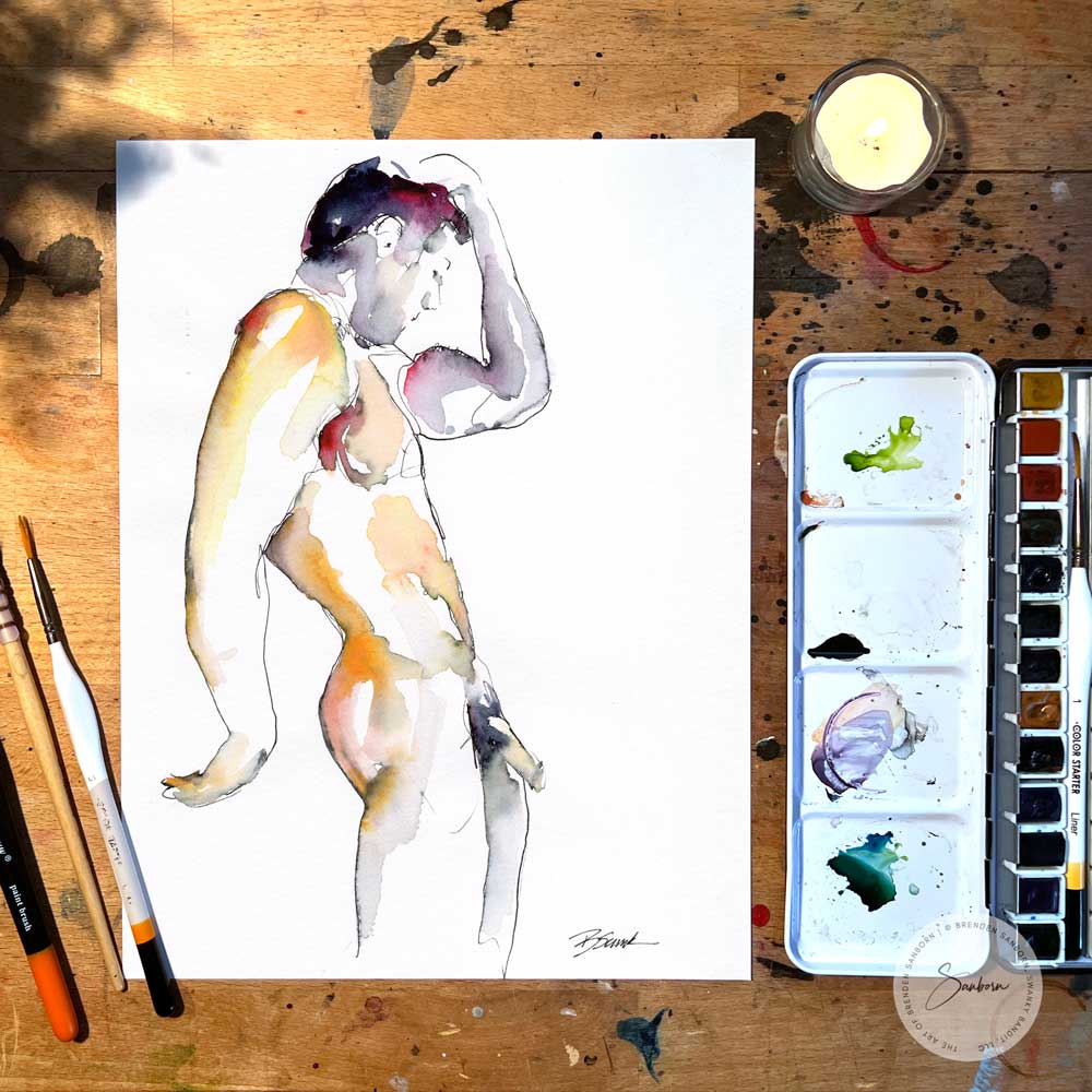 Full Nude Male Leaning Against the Wall - Original Watercolor Painting