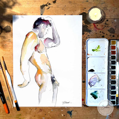 Full Nude Male Leaning Against the Wall - Original Watercolor Painting Artist Brenden Sanborn