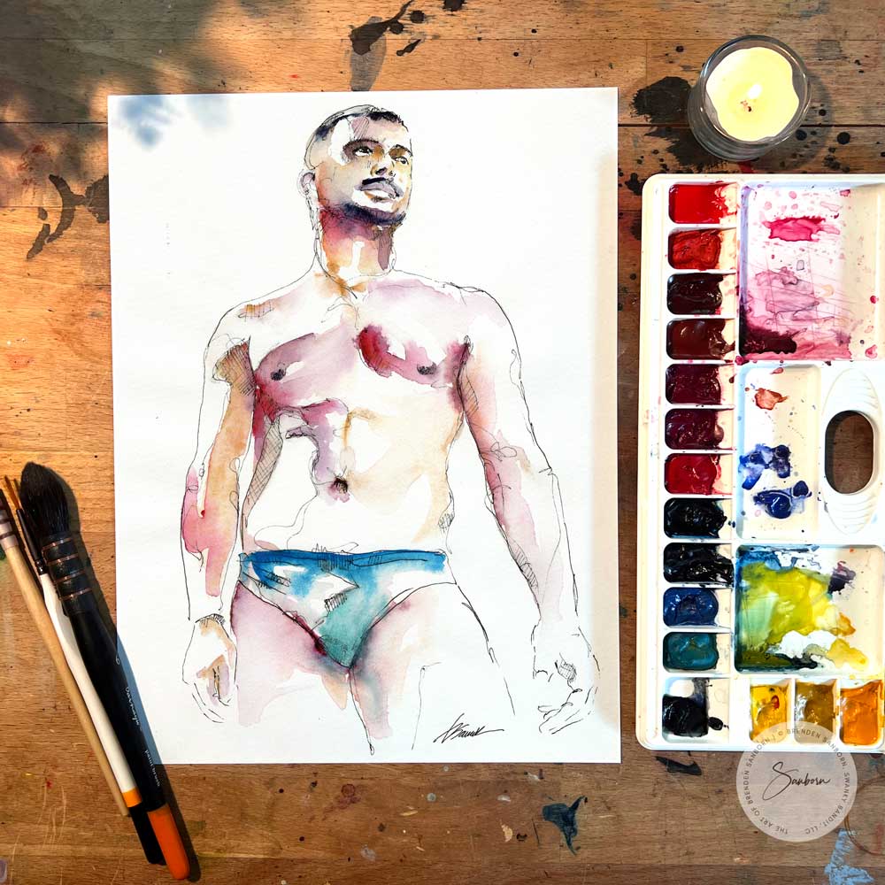 Slim Male Figure Looking to the Right in His Speedo - Original Watercolor Painting