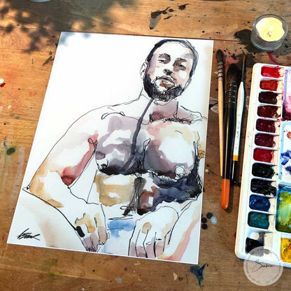 Drip-Style Hairy Chested Man Sitting on Floor - Original Watercolor Painting