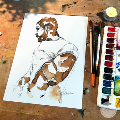 Man lifting his White T-shirt - Original Coffee Art Artist Brenden Sanborn