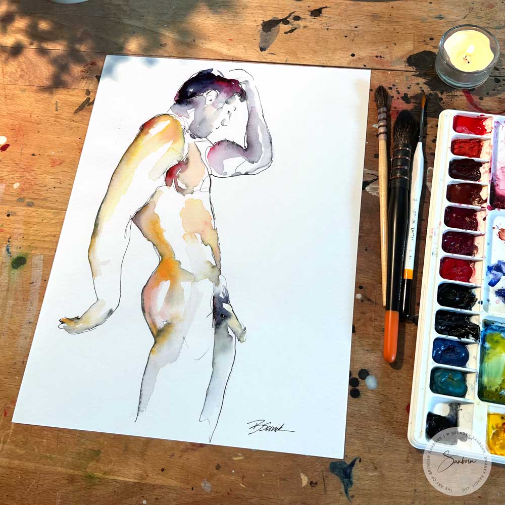 Full Nude Male Leaning Against the Wall - Original Watercolor Painting