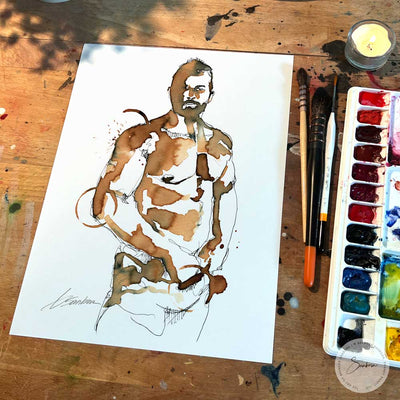 Sensual Male Figure Reaching in Pants - Original Coffee Art Artist Brenden Sanborn