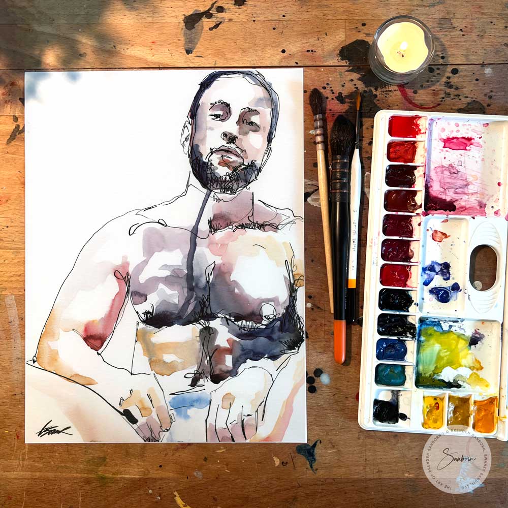 Drip-Style Hairy Chested Man Sitting on Floor - Original Watercolor Painting