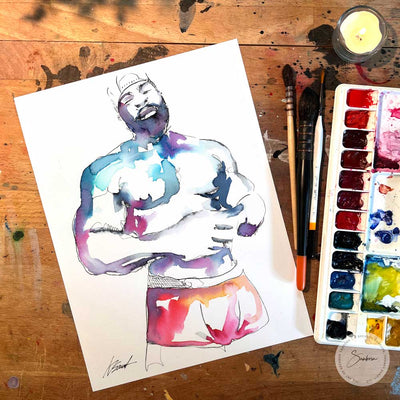 Handsome Bearded man in his Underwear - Original Watercolor Painting Artist Brenden Sanborn